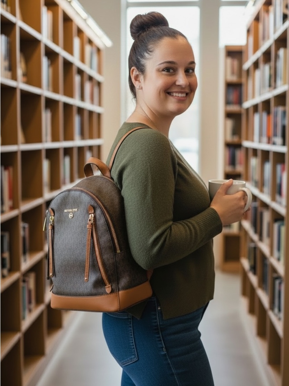 Michael Kors Brooklyn Medium Backpack with Tan Trim